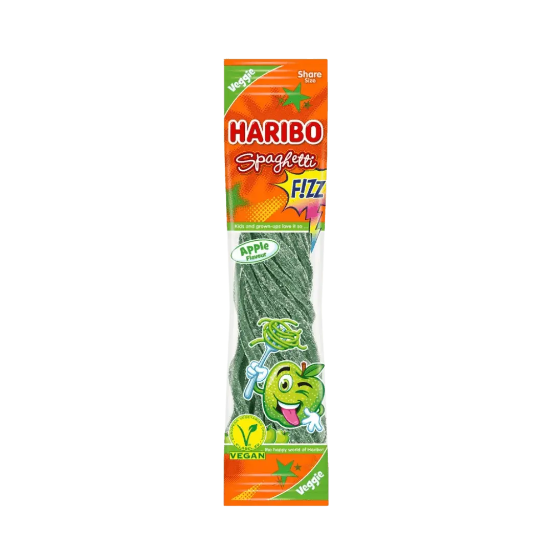 „Haribo Spaghetti Fizz Apple“ rūgštūs obuolių skonio guminukai spagečių formos.