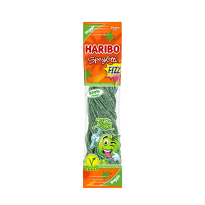 „Haribo Spaghetti Fizz Apple“ rūgštūs obuolių skonio guminukai spagečių formos.
