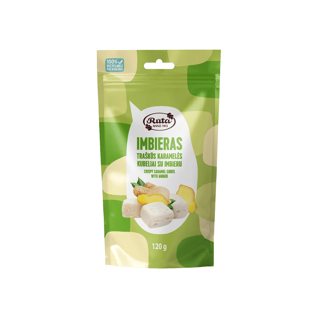 Traškūs karamelės kubeliai su imbieru, 120 g.