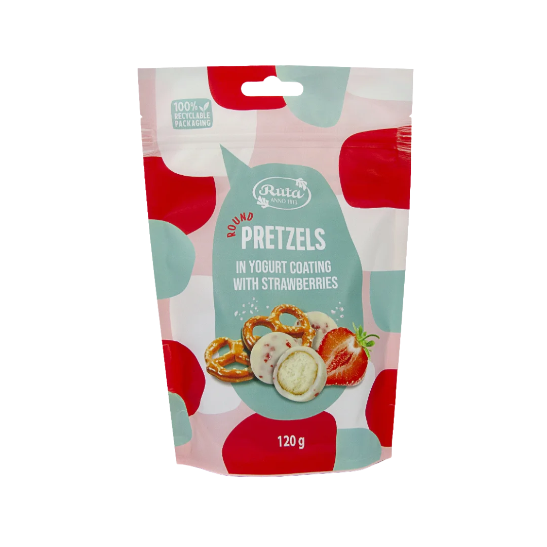 Sausainių rutuliukai su jogurtiniu glaistu ir braškėmis PRETZELS, RŪTA, 120 g