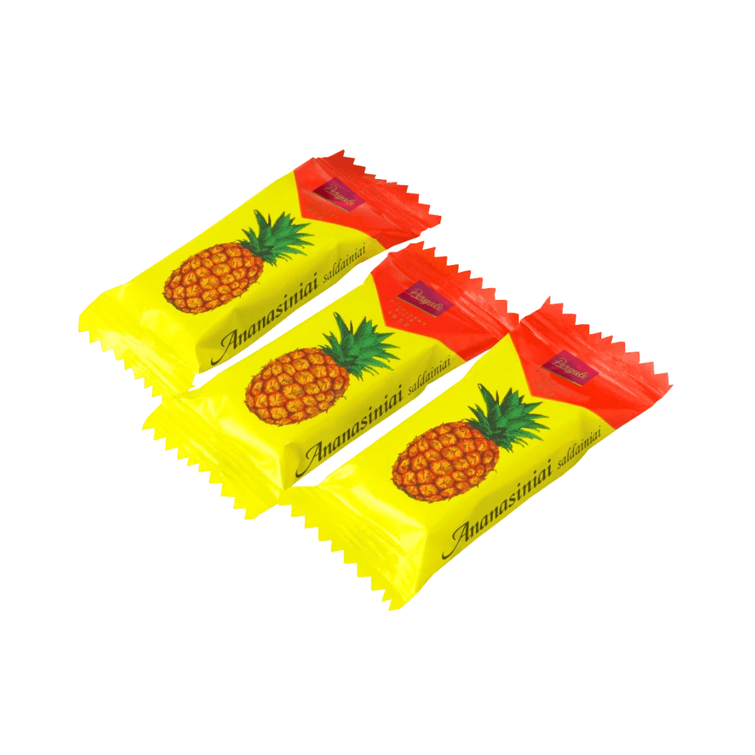 „Ananasiniai“ – trijų sluoksnių vafliniai saldainiai su liofilizuotų ananasų kremu ir kakaviniu glaistu.