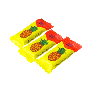 „Ananasiniai“ – trijų sluoksnių vafliniai saldainiai su liofilizuotų ananasų kremu ir kakaviniu glaistu.