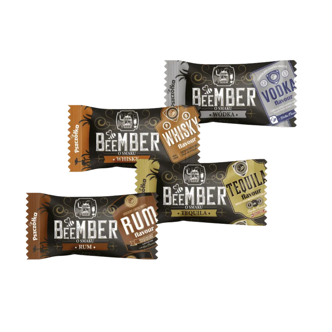 Saldainiai „Beember“ su alkoholiniu įdaru (tekilos, degtinės, viskio ir romo skonio)