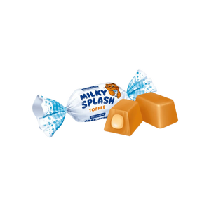 Pieniški Milky Splash saldainiai iš arti