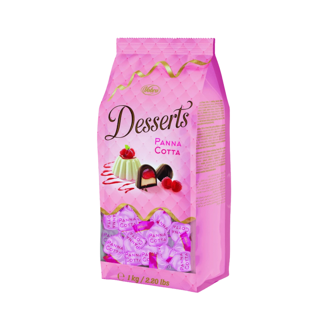 Saldainiai „Panna Cotta“ su aviečių įdaru kakavos glazūroje, 1 kg pakuotė.