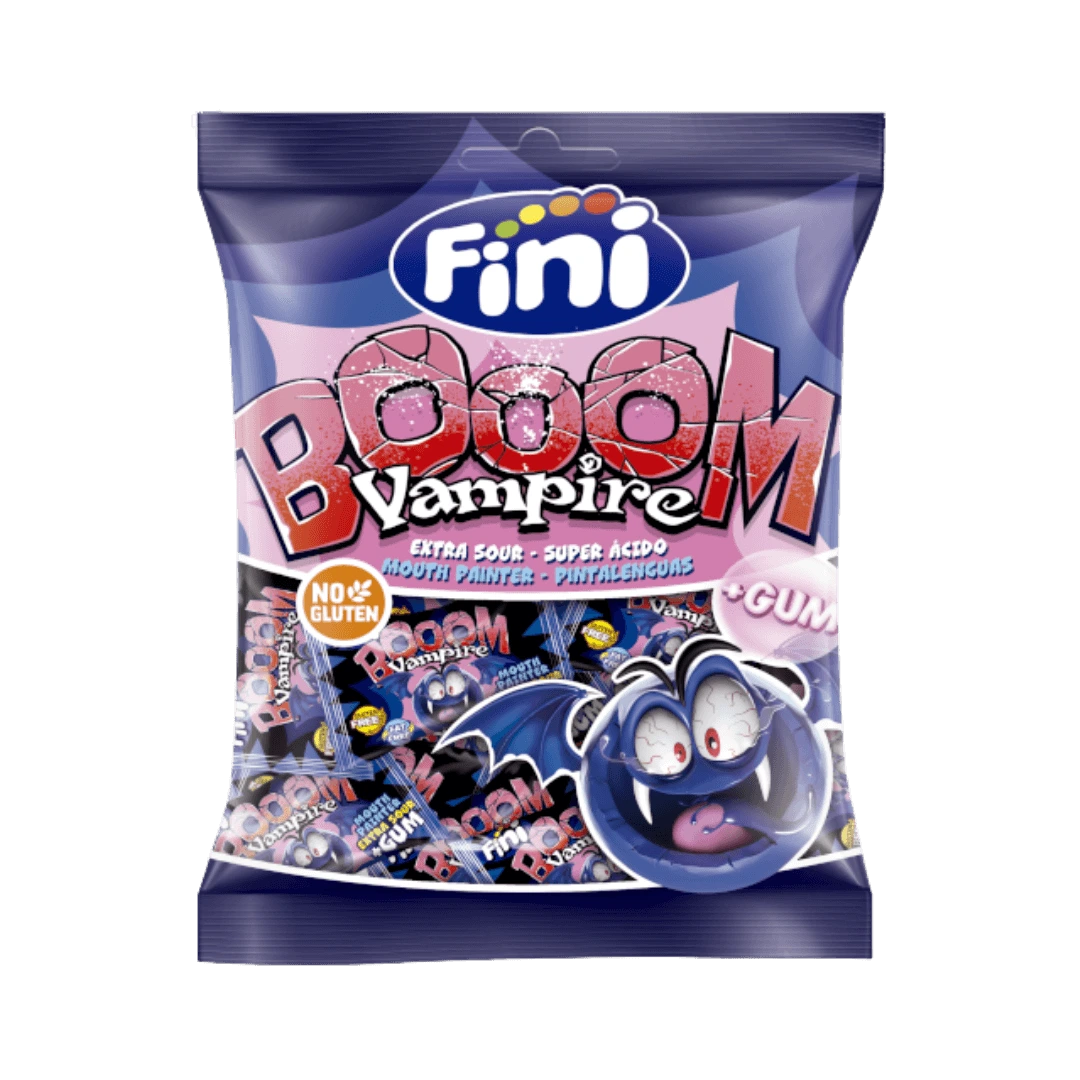 „BOOOM VAMPIRES“ – vaisiniai saldainiai su kramtomąja guma ir spalvotu įdaru, nudažančiu liežuvį