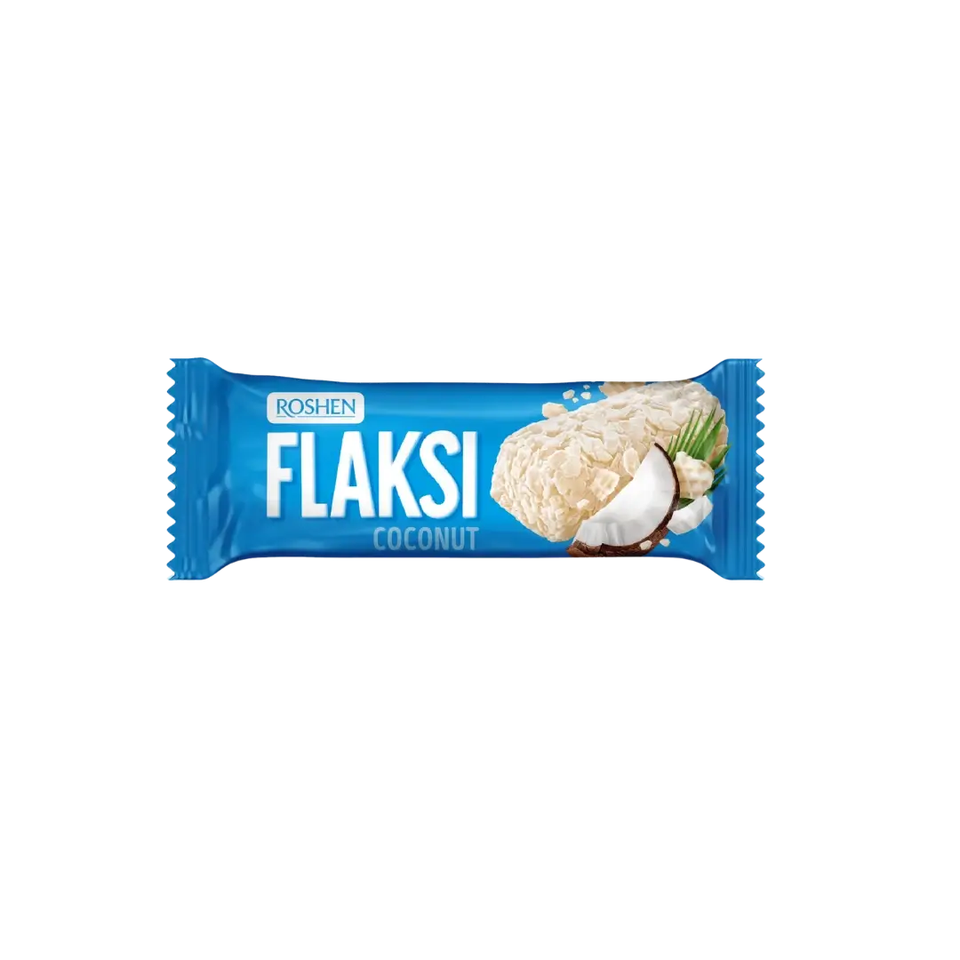 Saldainiai sveriami Flaksi Granola Coconut Roshen, vienas kokosinis saldainis, bonboni saldainiai