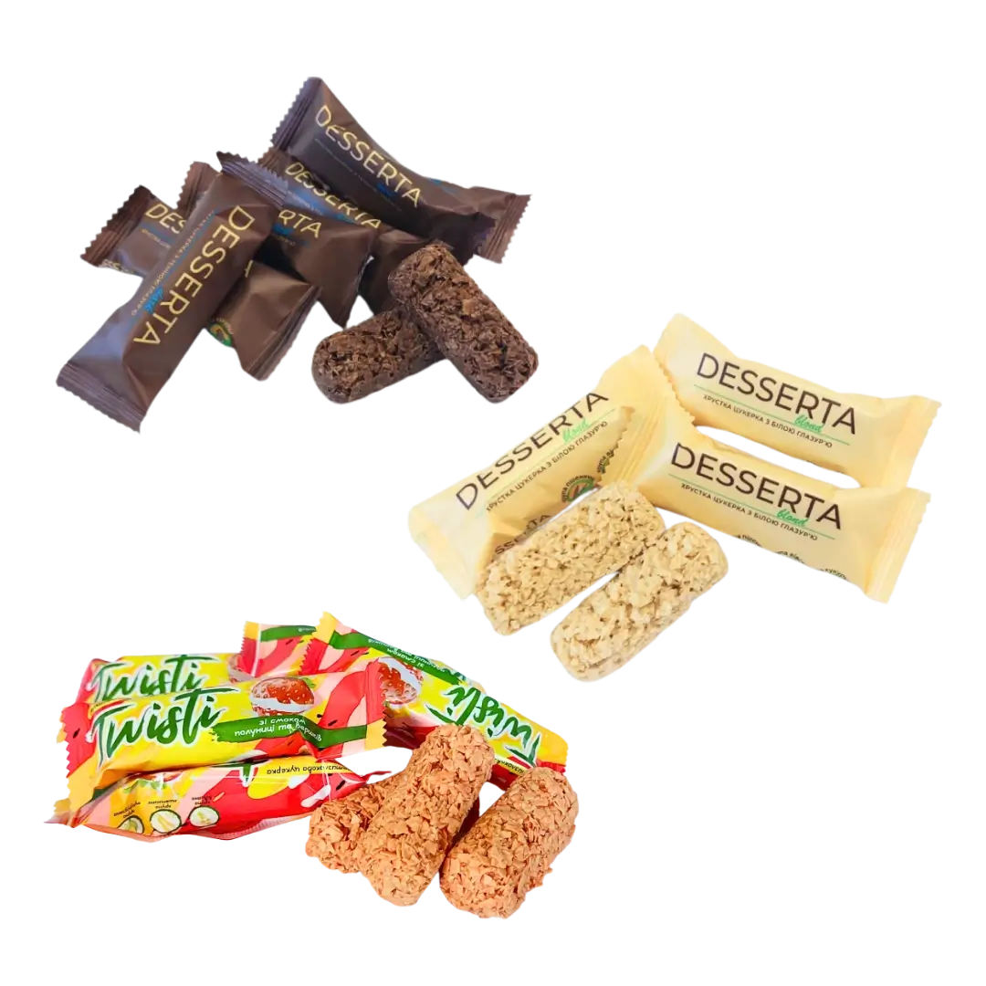 Sveriami ukrainietiški saldainiai, mixas trijų rūšių, desserta juodas, baltas ir vaisinis Twisti, bonboni