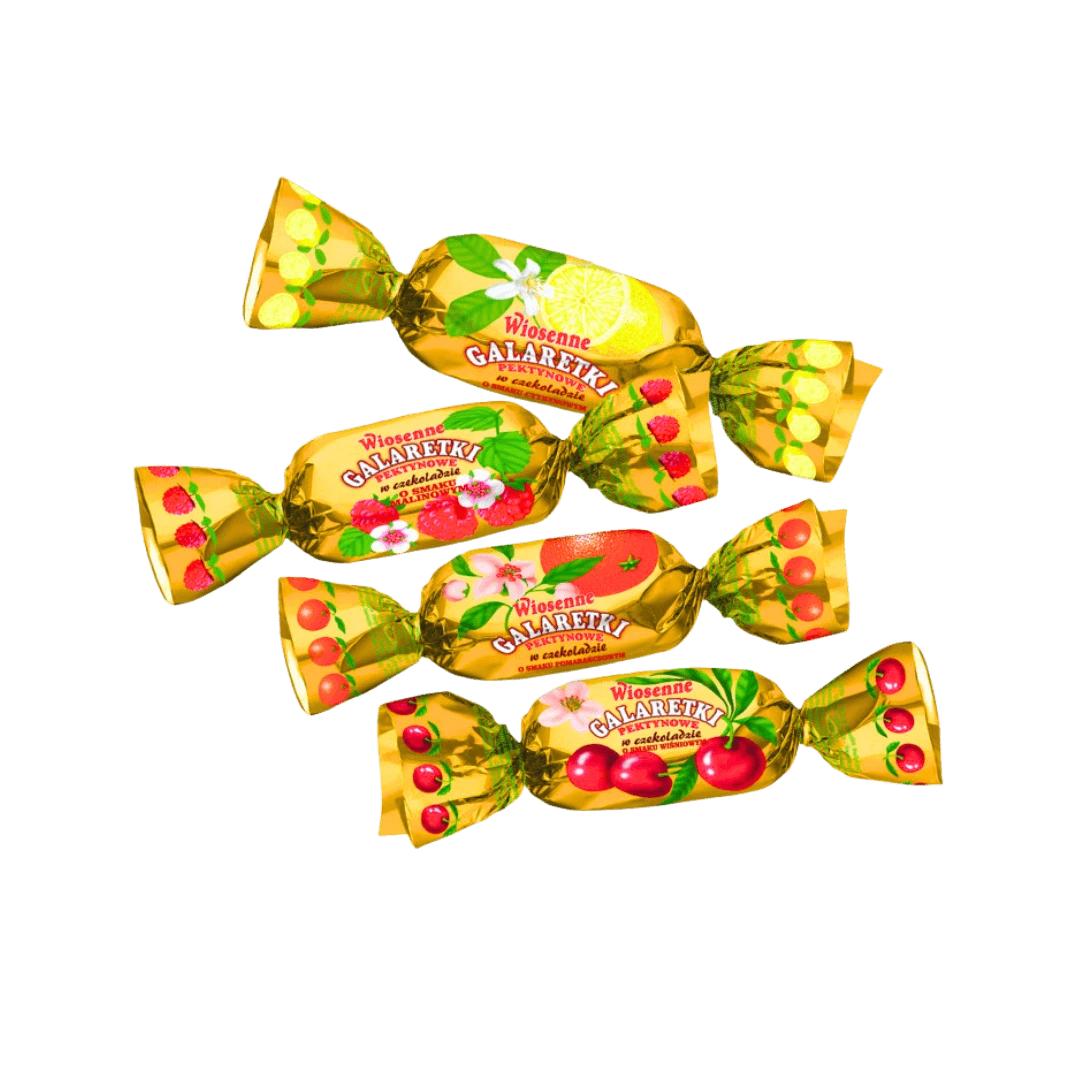 „Wiosenne“ – šokoladu dengti vaisių skonio želė saldainiai su aviečių, apelsinų, vyšnių ir citrinų sultimis, 1 kg pakuotė.