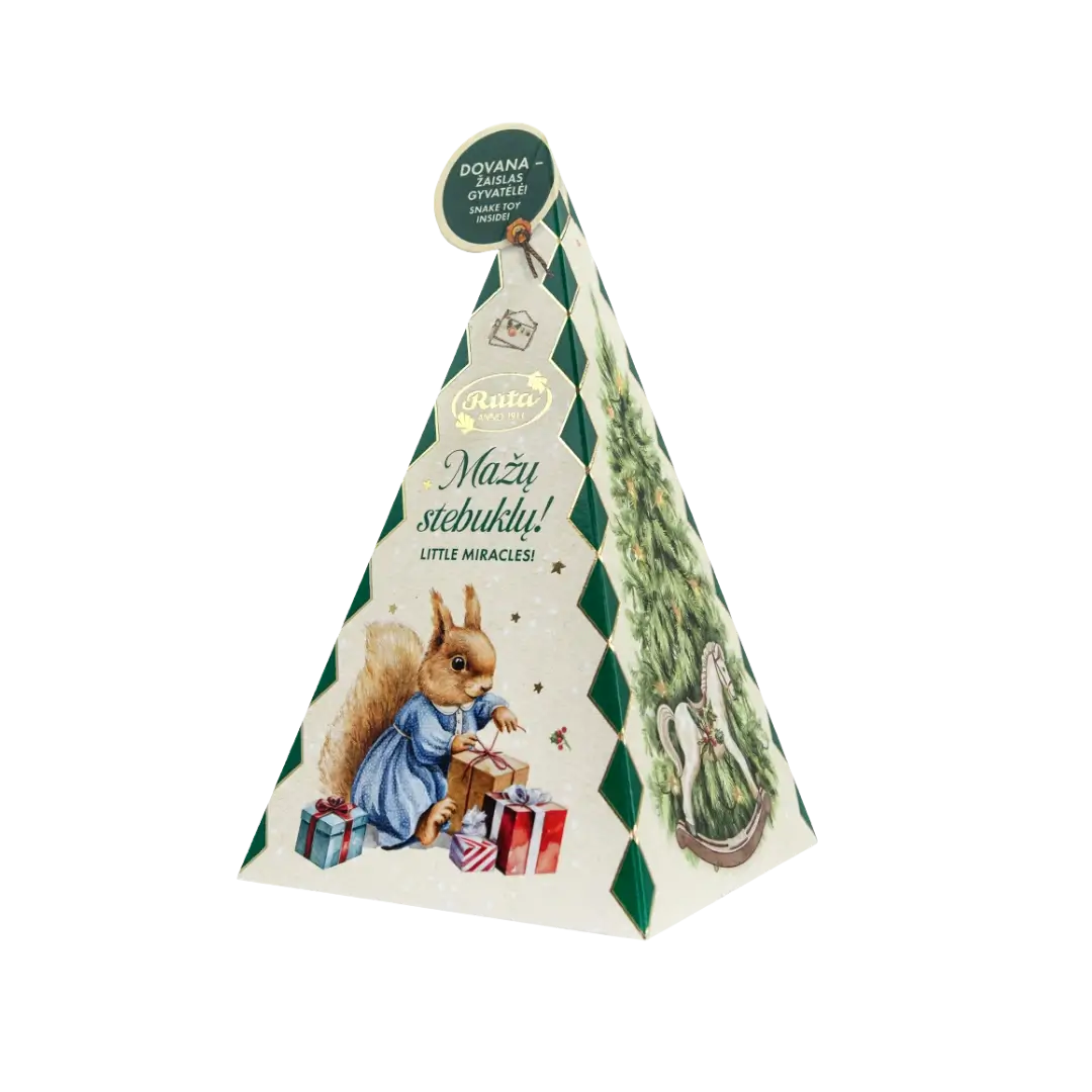 „Mažų stebuklų!“ saldainių dovanėlė su 5 rūšių saldumynais ir paslėptu žaislu gyvatėle, 140 g, retro stiliaus pakuotė.
