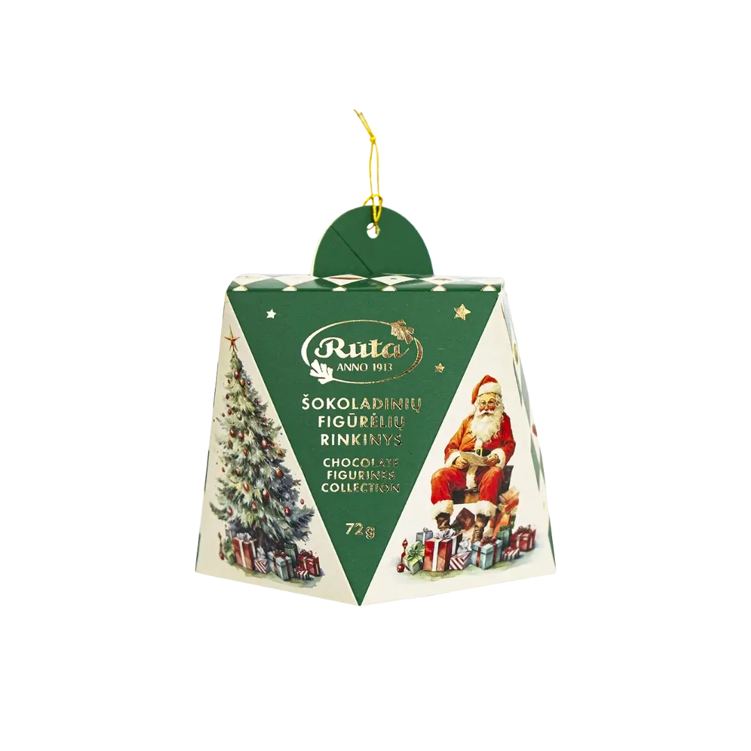 „Pasakiškų švenčių!“ – juodojo ir pieninio šokolado figūrėlių rinkinys retro stiliaus dėžutėje, 72 g.