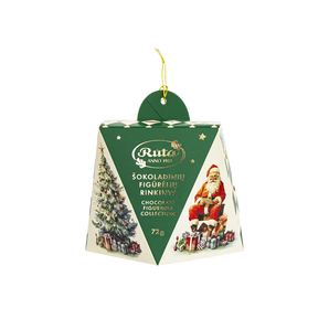 „Pasakiškų švenčių!“ – juodojo ir pieninio šokolado figūrėlių rinkinys retro stiliaus dėžutėje, 72 g.