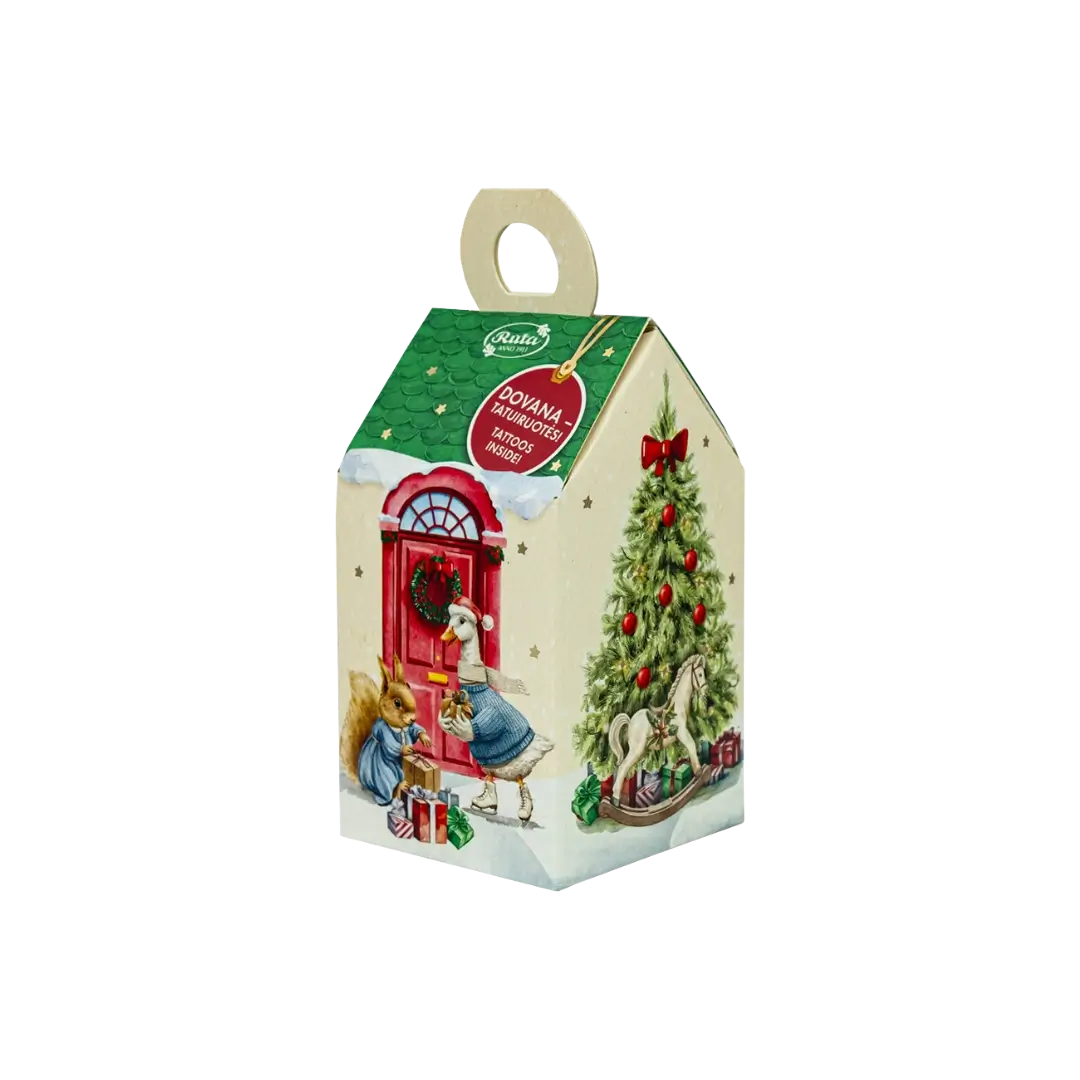 „Stebuklų namelis“ – keturių rūšių saldumynų dovanėlė su tatuiruotėmis, 80 g, retro stiliaus namelio formos pakuotė.