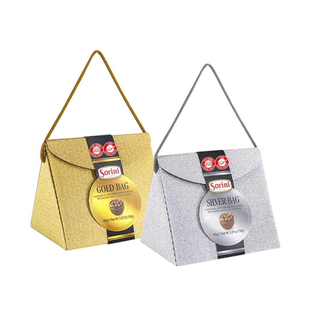 „Sorini Gold and Silver Handbag Candy“ – pieniško šokolado saldainiai su riešutų kremu stilingoje blizgioje pakuotėje.