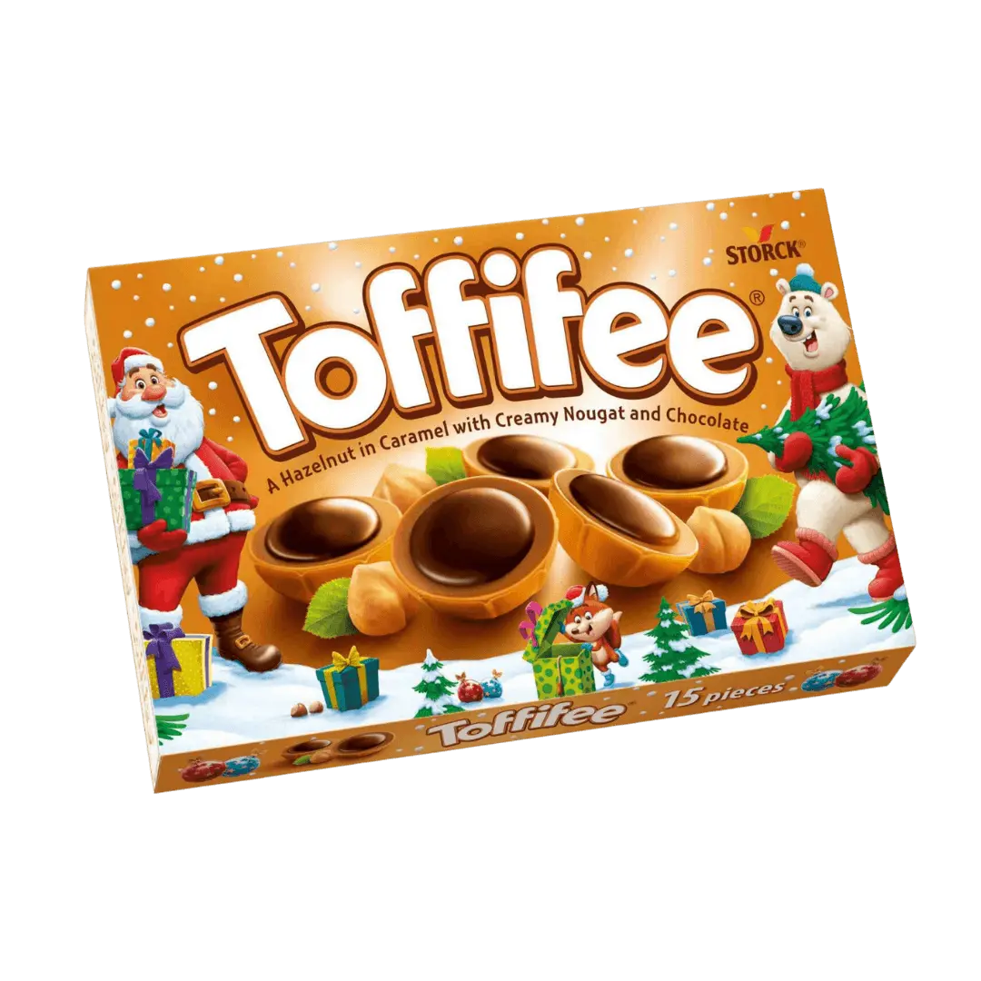 „Toffifee“ – karameliniai saldainiai su lazdyno riešutais, nuga ir šokolado lašeliu, 125 g pakuotė.