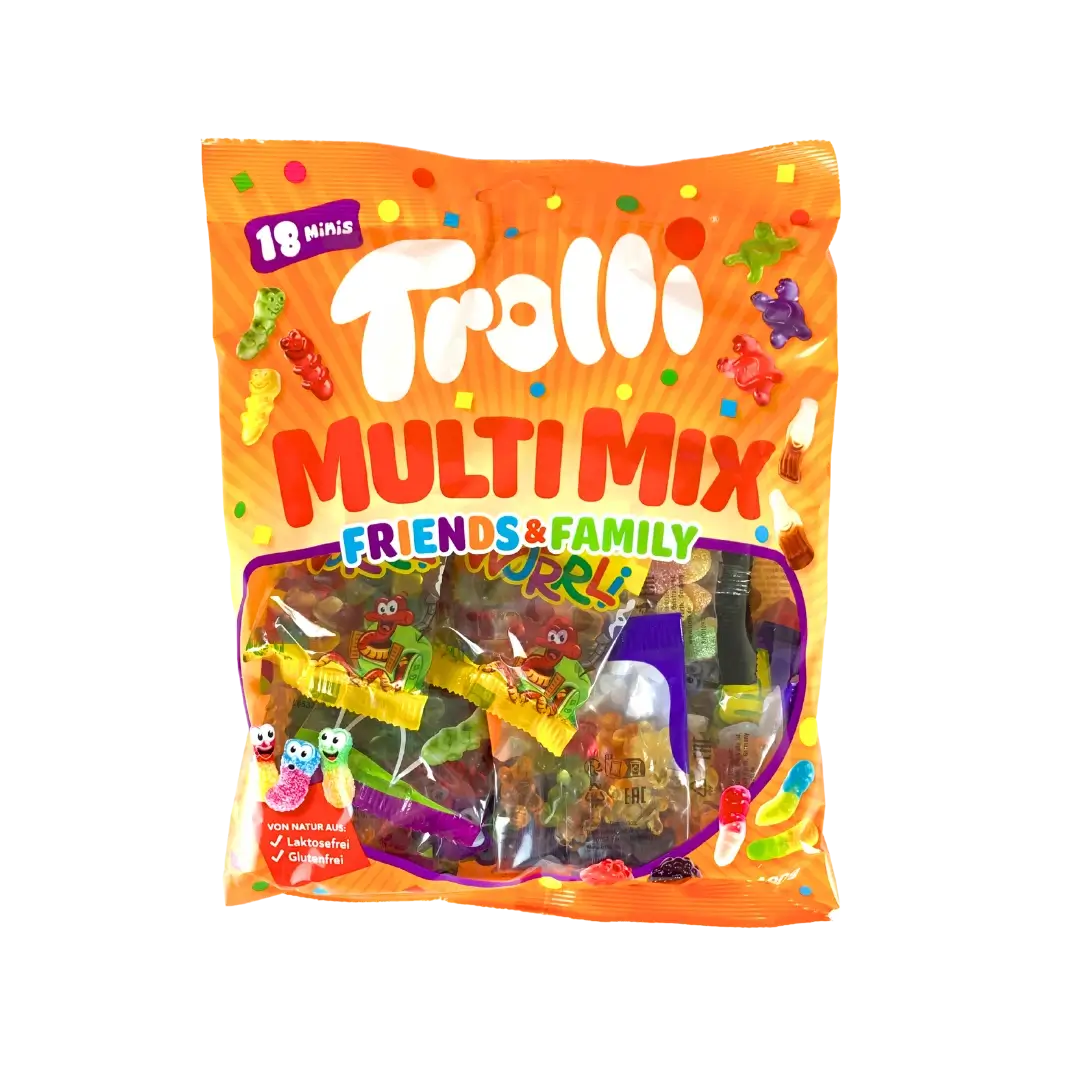 Trolli multimix guminukai supakuoti į 18 atskirus mažus maišelius.