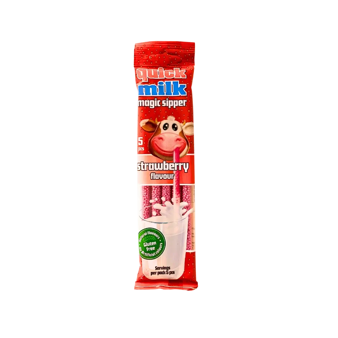 Šiaudeliai pieno kokteiliui su braškėmis, QUICK MILK, 30 g