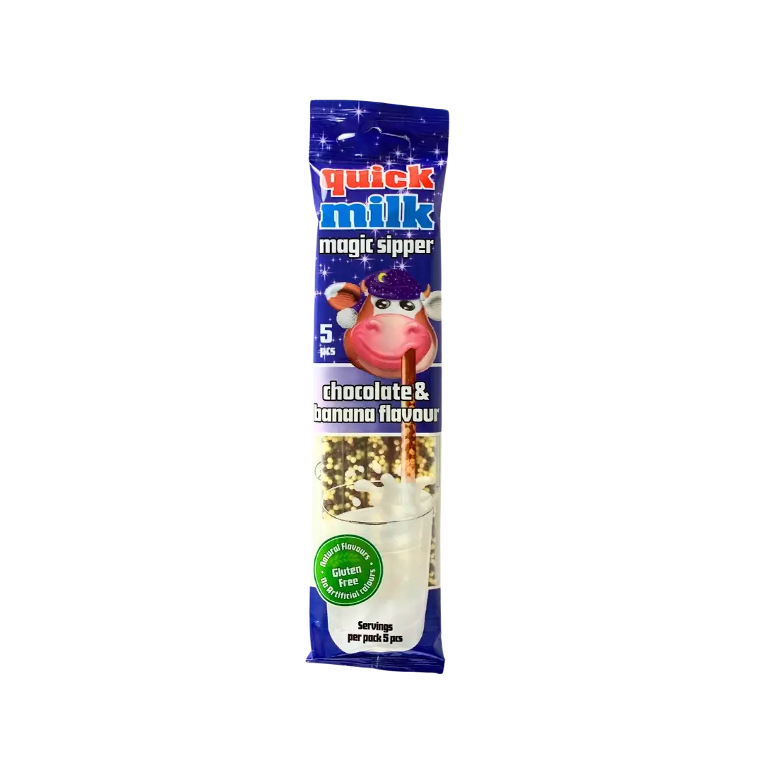 Šiaudeliai pieno kokteiliui su šokoladu ir bananais, QUICK MILK, 30 g