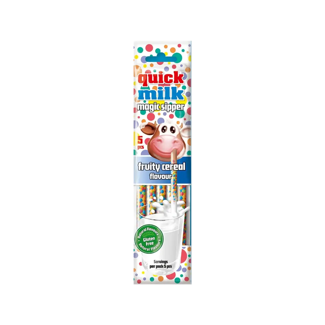Šiaudeliai pieno kokteiliui su vaisių dribsniais, QUICK MILK, 30 g – Bonboni skanėstas vaikams