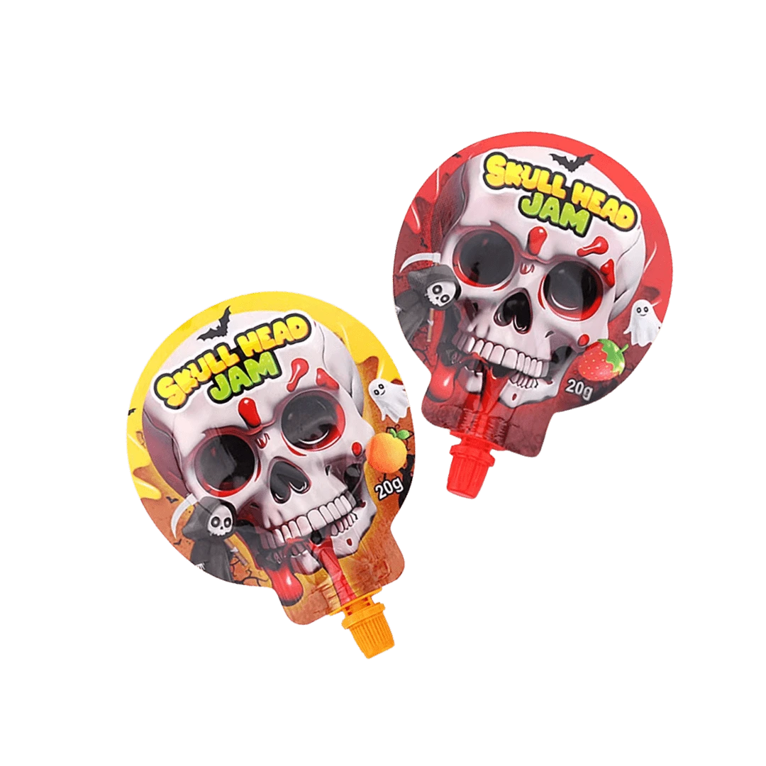 „SKULL HEAD JAM“ – skysti saldainiai ryškiame plastikinio kaukolės formos indelyje