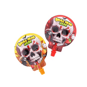 „SKULL HEAD JAM“ – skysti saldainiai ryškiame plastikinio kaukolės formos indelyje