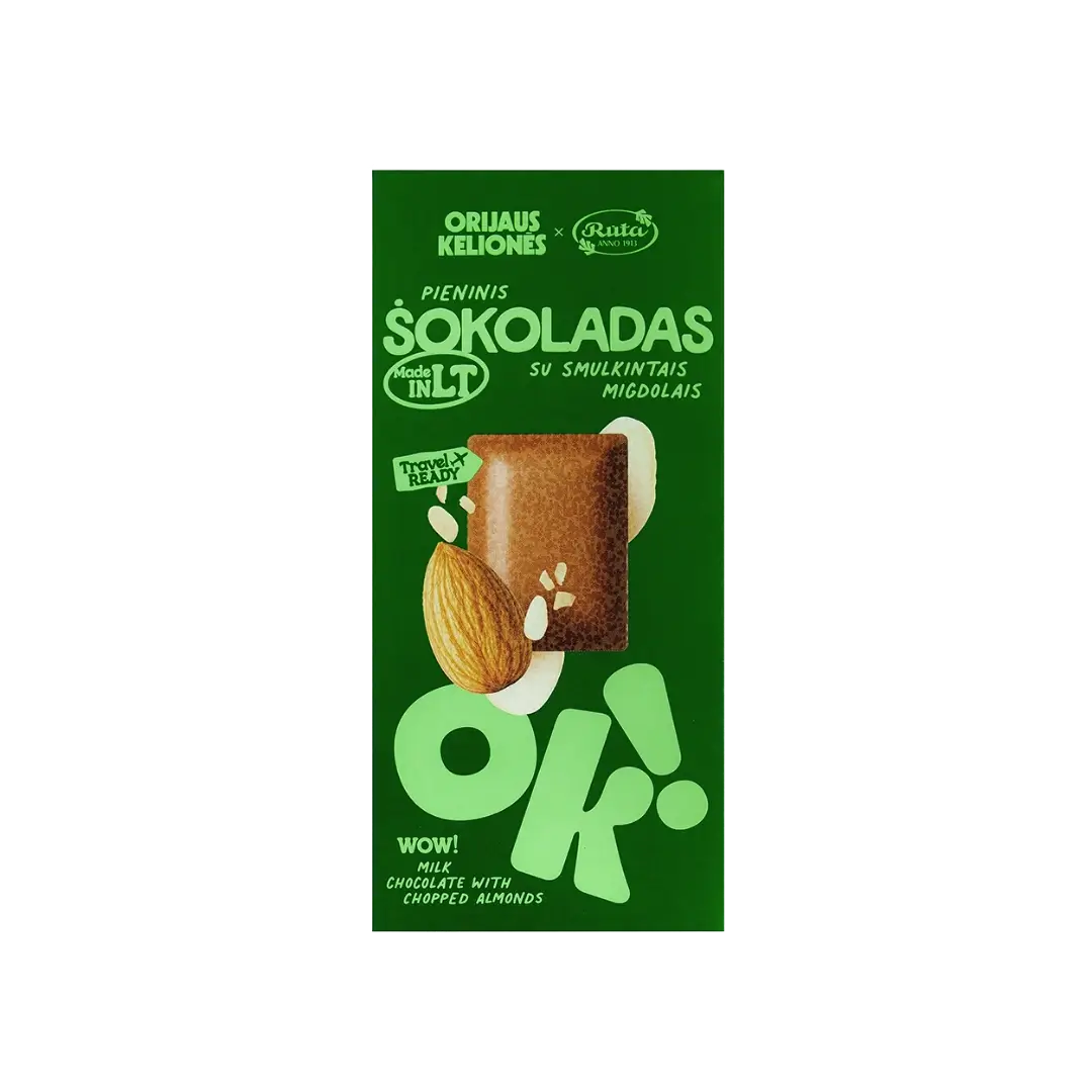 Pieninis šokoladas su smulkintais migdolais ORIJAUS KELIONĖS, RŪTA, 70 g