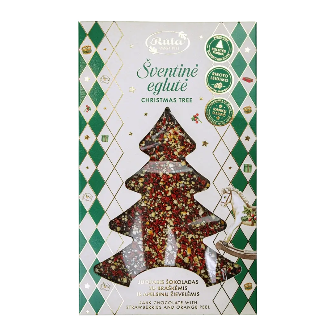 Šventinė eglutė“ – rankų darbo juodasis šokoladas su braškių granulėmis ir apelsinų žievelėmis, 100 g, retro pakuotė su langeliu.