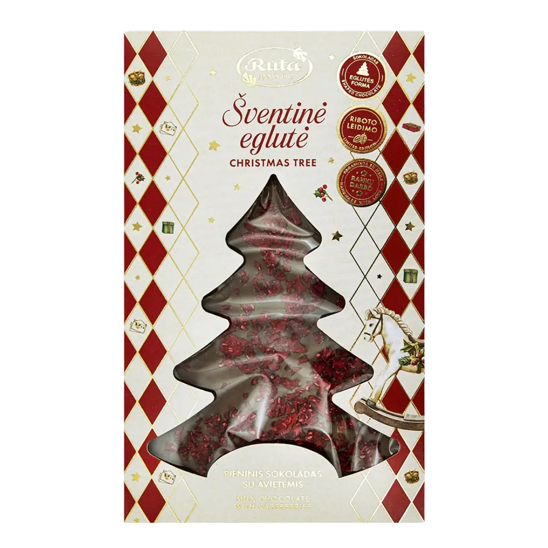 „Šventinė eglutė“ – rankų darbo pieninis šokoladas su aviečių granulėmis, 100 g, retro pakuotė su langeliu.