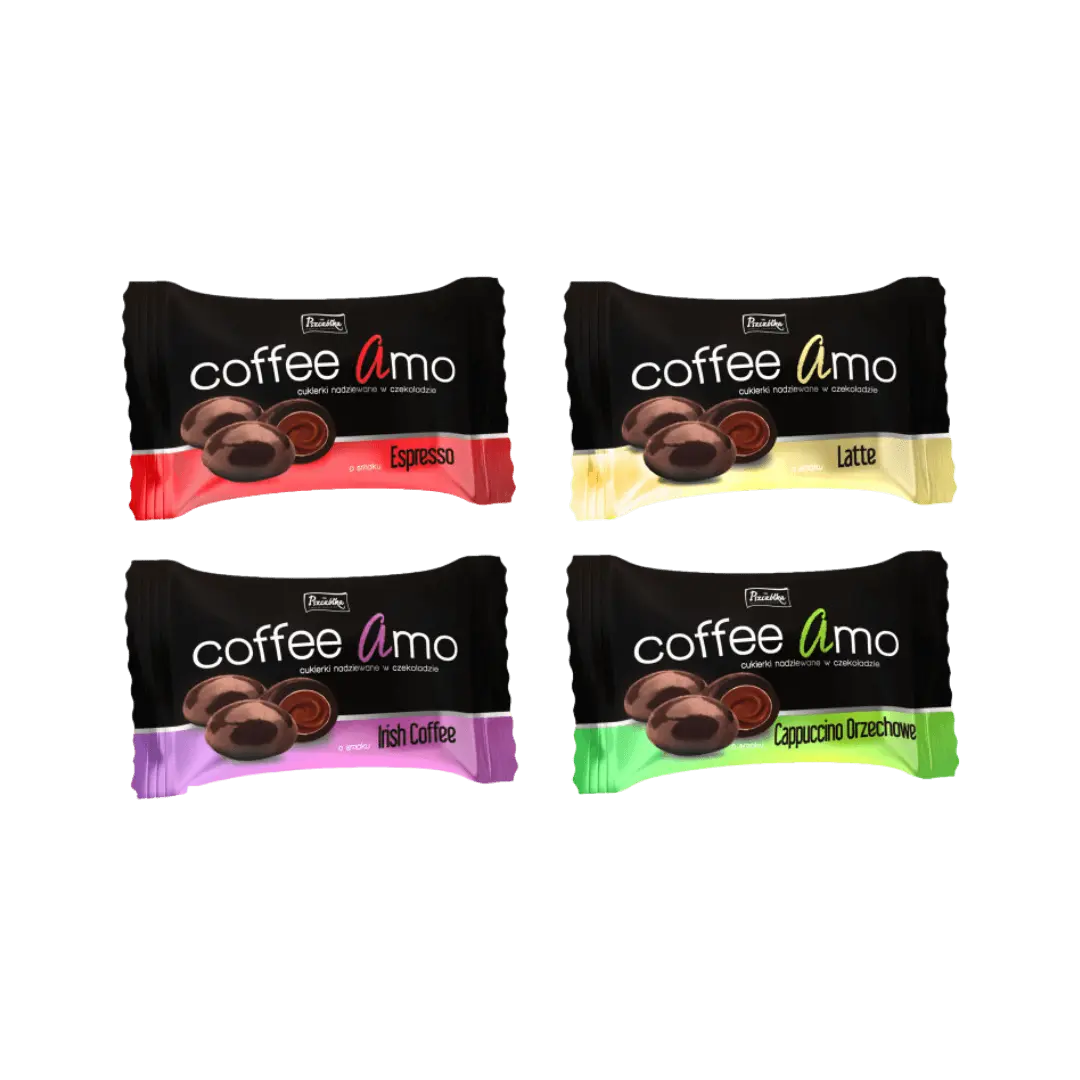 Šokoladiniai saldainiai „Coffee Amo“ su kavos įdaru (latte, kapučino, espresso, airiškos kavos skoniai)