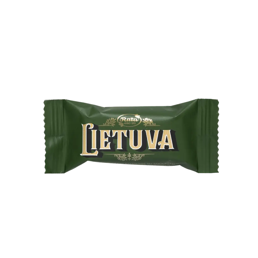 Juodojo šokolado saldainiai „Lietuva“ su smulkintais migdolais ir karameliniais dribsniais