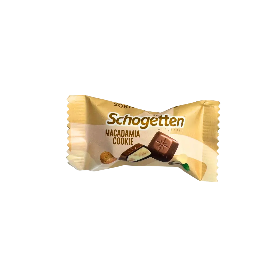 Šokoladiniai saldainiai sveriami Schogetten Macadamia cookie, vienas saldainis, bonboni saldainiai