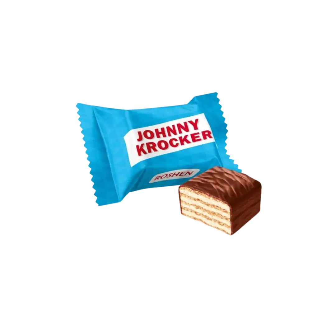 Šokoladiniai sveriami saldainiai vafliukai Johnny Krocker, Roshen, mėlynas saldainio įpakavimas, bonboni