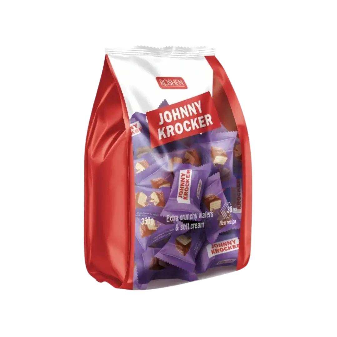 Šokoladiniai sveriami saldainiai vafliukai Johnny Krocker, Roshen, violetinis saldainio įpakavimas, 1kg maišas, bonboni