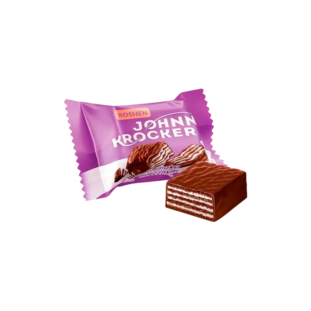 Šokoladiniai sveriami saldainiai vafliukai Johnny Krocker, Roshen, violetinis saldainio įpakavimas, bonboni