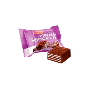 Šokoladiniai sveriami saldainiai vafliukai Johnny Krocker, Roshen, violetinis saldainio įpakavimas, bonboni