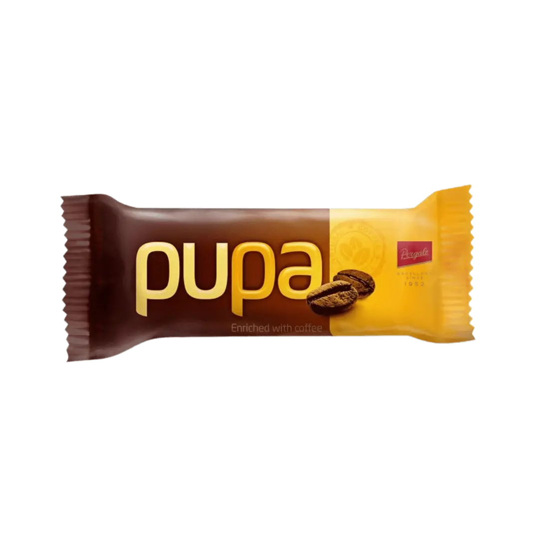 „Pupa“ – šokoladinis batonėlis su kakava ir skrudintos kavos aromatu, 30 g pakuotė.