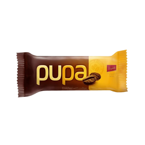 „Pupa“ – šokoladinis batonėlis su kakava ir skrudintos kavos aromatu, 30 g pakuotė.