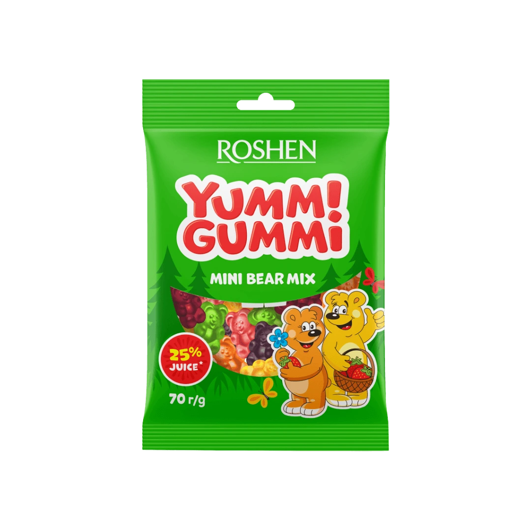 Yummi Gummi Mini Bear Mix – spalvingi vaisių skonio želiniai saldainiai meškučių formos, 70 g pakuotė.
