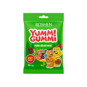 Yummi Gummi Mini Bear Mix – spalvingi vaisių skonio želiniai saldainiai meškučių formos, 70 g pakuotė.