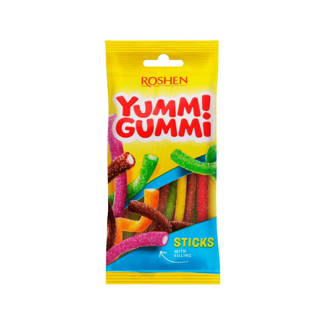 Roshen „Sour Sticks“ – spalvingos rūgštelės skonio marmeladinės lazdelės, tinkamos užkandžiui ar desertų dekoravimui.
