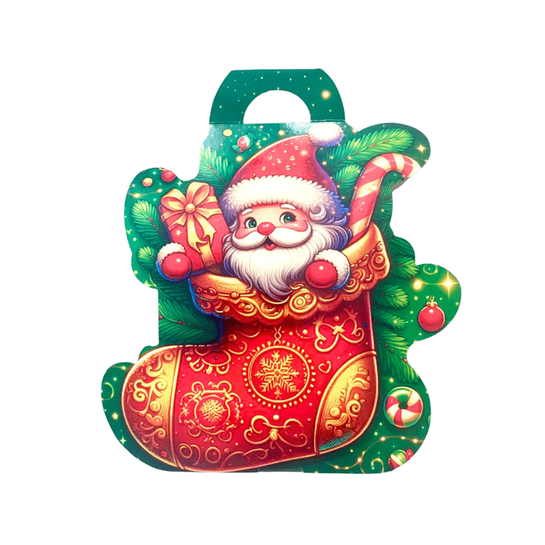 Kalėdinė dovanų kojinė su 172 g įvairių formų ir skonių saldumynų.