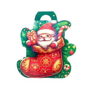 Kalėdinė dovanų kojinė su 172 g įvairių formų ir skonių saldumynų.