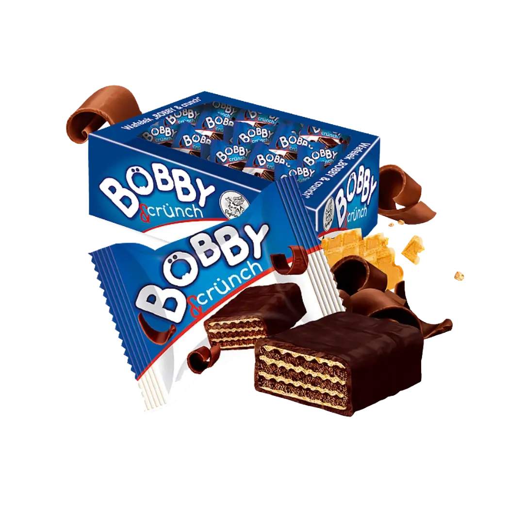 Sveriami bonboni saldainiai BOBBY CRUNCH vafliukai, dėžė