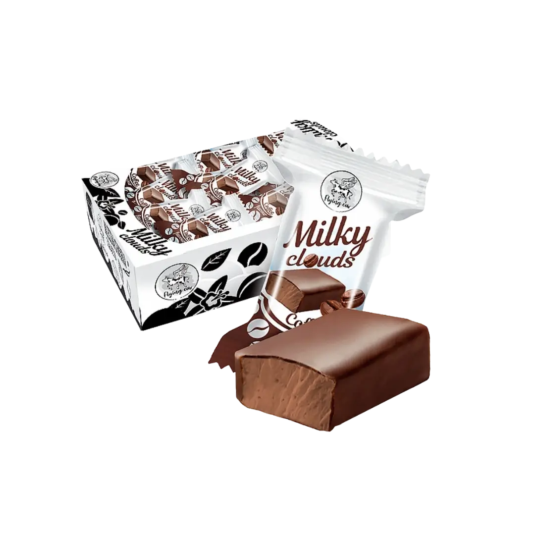 Sveriami bonboni saldainiai MILKY CLOUDS COFFEE, kavos skonio paukščių pienas, dėžė su saldainiais