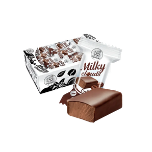 Sveriami bonboni saldainiai MILKY CLOUDS COFFEE, kavos skonio paukščių pienas, dėžė su saldainiais