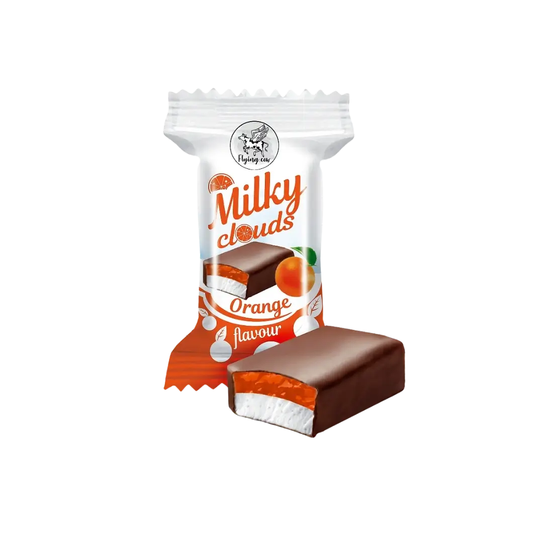Sveriami bonboni saldainiai MILKY CLOUDS ORANGE, apelsinų skonio paukščių pienas