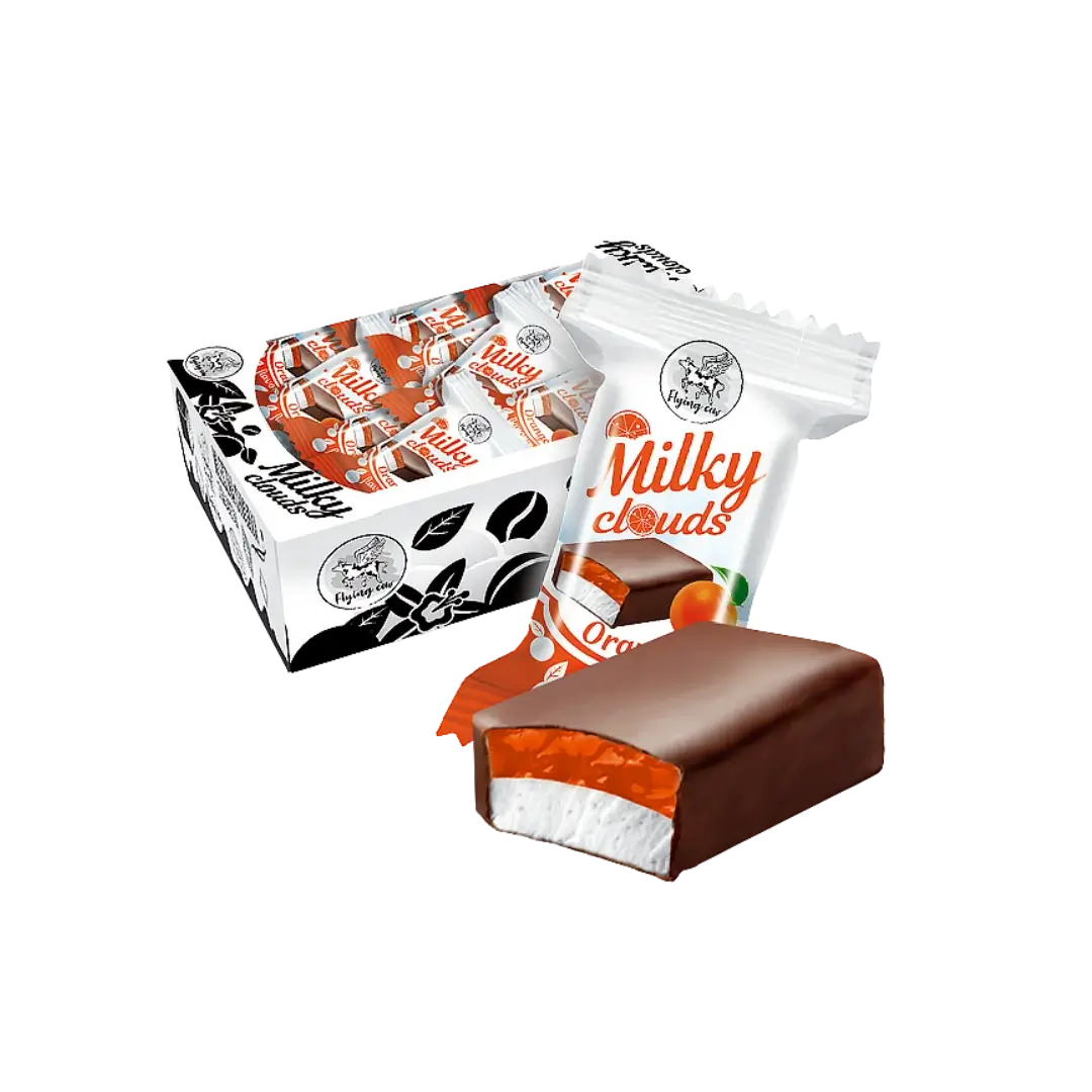 Sveriami bonboni saldainiai MILKY CLOUDS ORANGE, apelsinų skonio paukščių pienas, dėžė su saldainiais