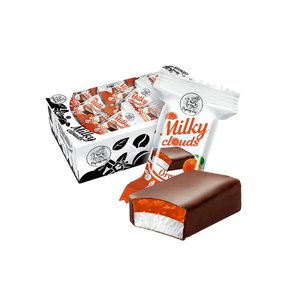 Sveriami bonboni saldainiai MILKY CLOUDS ORANGE, apelsinų skonio paukščių pienas, dėžė su saldainiais