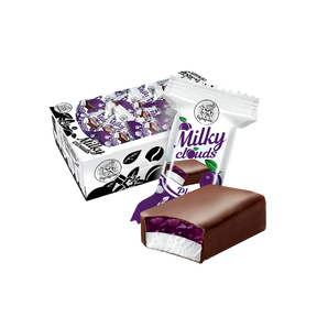 Sveriami bonboni saldainiai MILKY CLOUDS PLUM, slyvų skonio paukščių pienas, dėžė su saldainiais