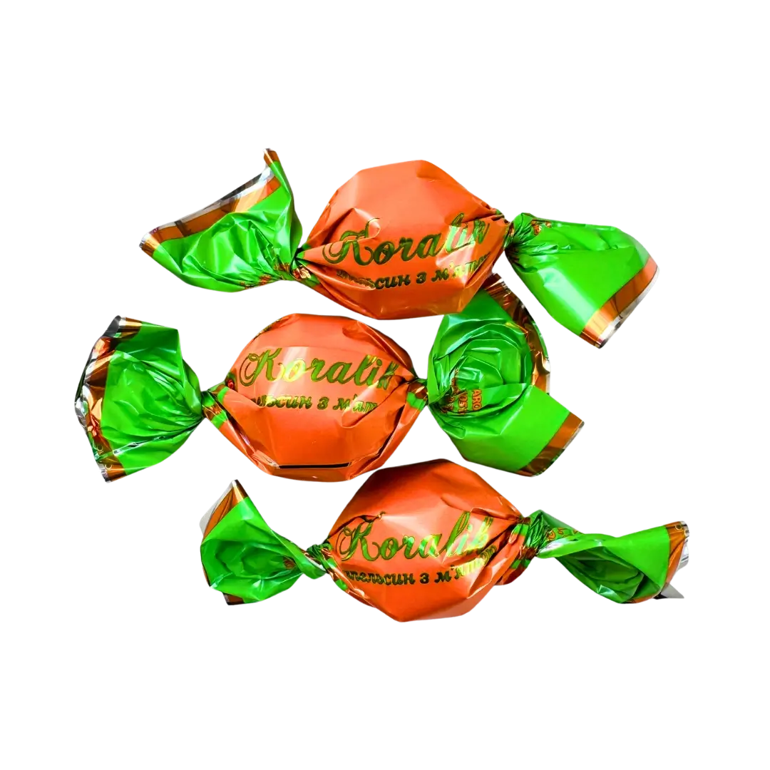 Saldainiai su apelsinų ir mėtų skonio įdaru, KORALIK, BALU